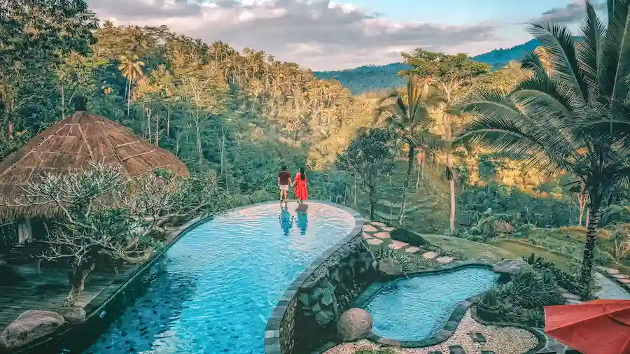 Resort met een infinity pool in Bali met uitzicht over een groen regenwoud vallei.